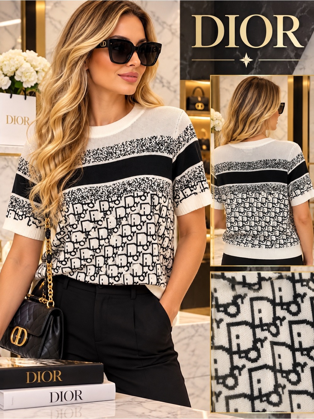 Black and White Knit Short Sleeve Tee